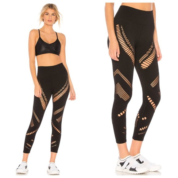 ALO Yoga Radiance Seamless Black Mesh Panel Capri Cropped High Waist Leggings - Picture 1 of 5